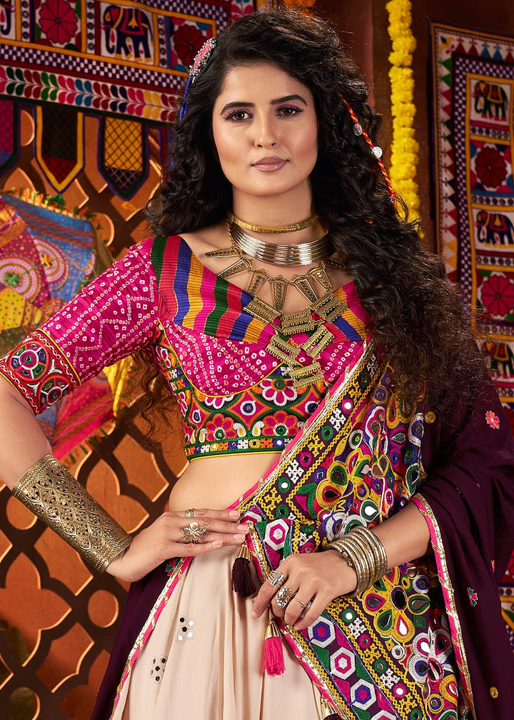 Cream White & Pink Lehenga Choli with Kutchi Mirror and Thread Detailing