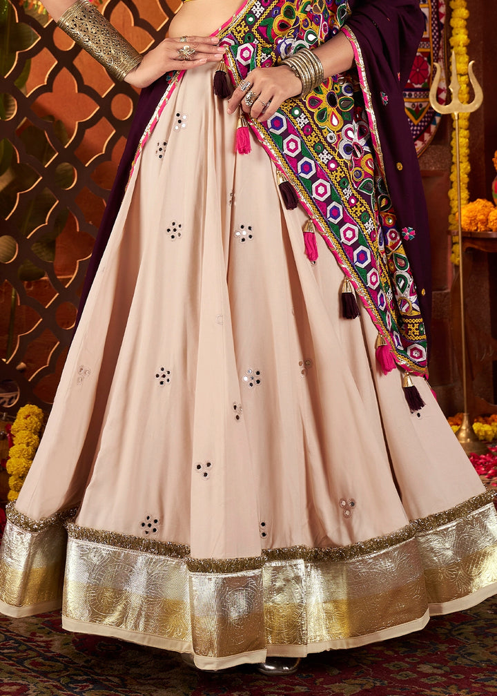 Cream White & Pink Lehenga Choli with Kutchi Mirror and Thread Detailing