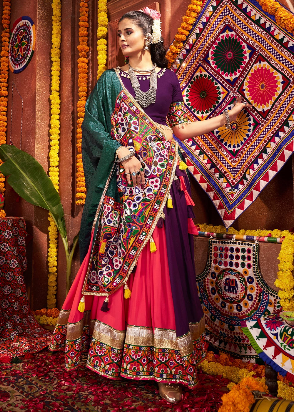 Red & Purple Lehenga with Kutchi Mirror and Thread Detailing Choli
