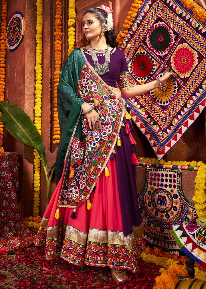 Red & Purple Lehenga with Kutchi Mirror and Thread Detailing Choli