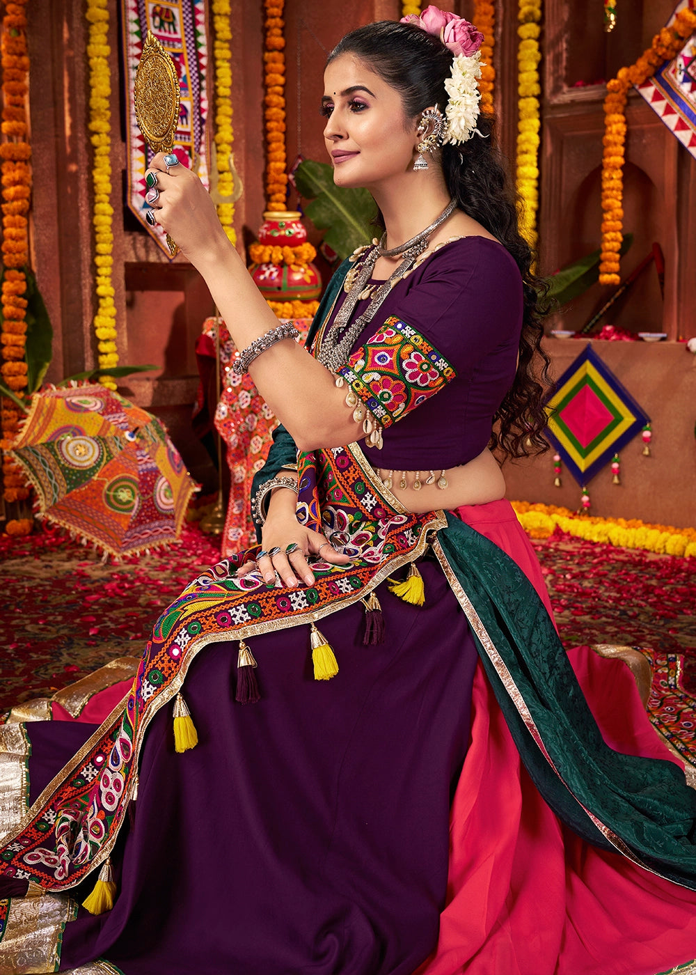 Red & Purple Lehenga with Kutchi Mirror and Thread Detailing Choli