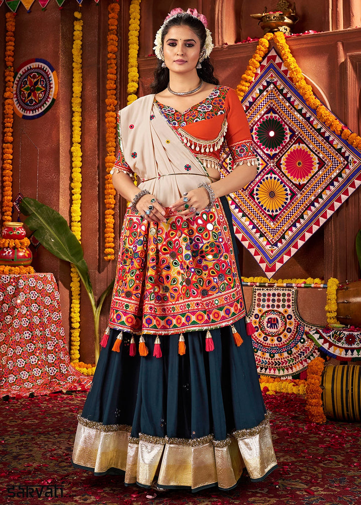 Prussian Blue Lehenga Choli with Kutchi Mirror and Thread Detailing