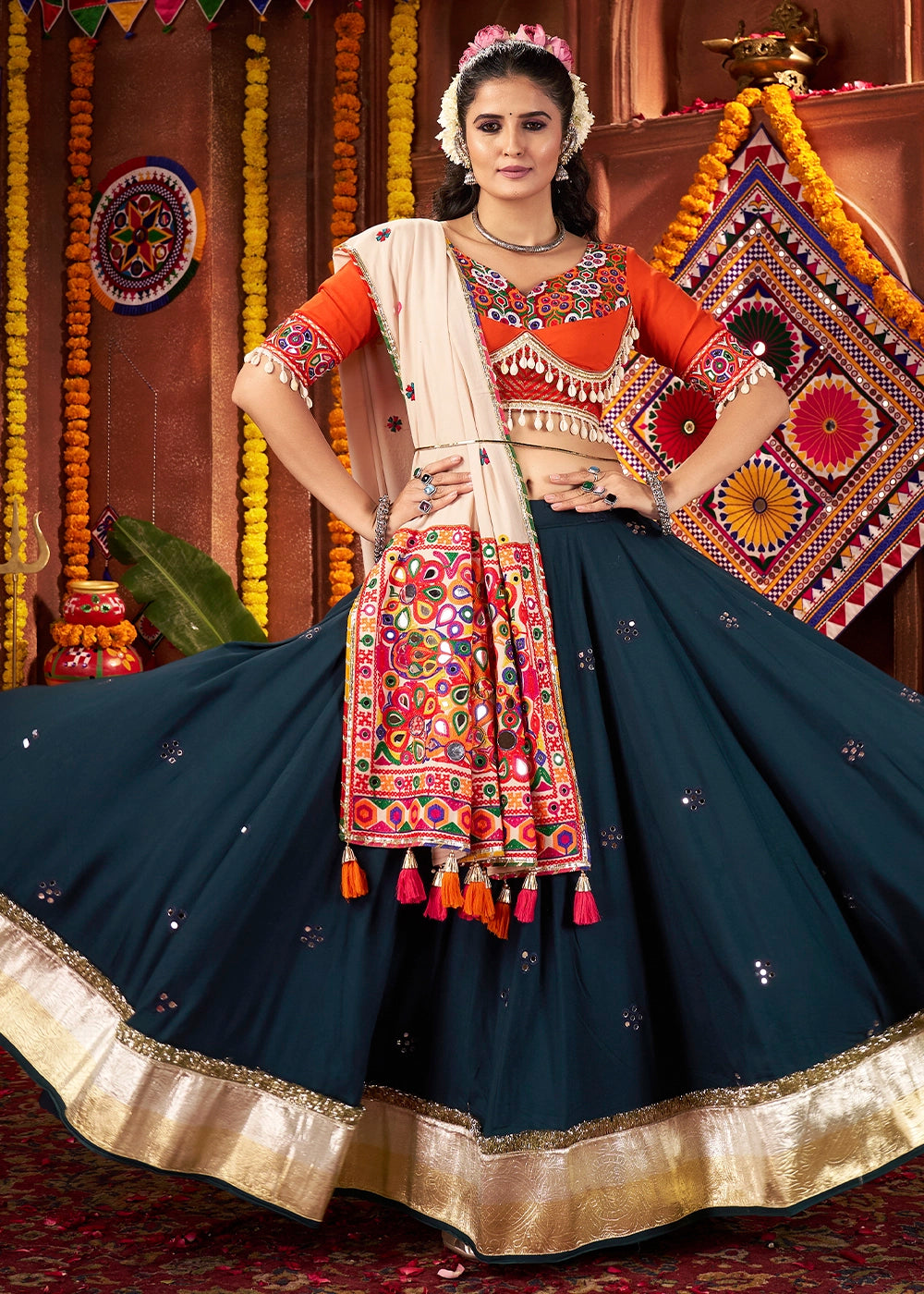 Prussian Blue Lehenga Choli with Kutchi Mirror and Thread Detailing