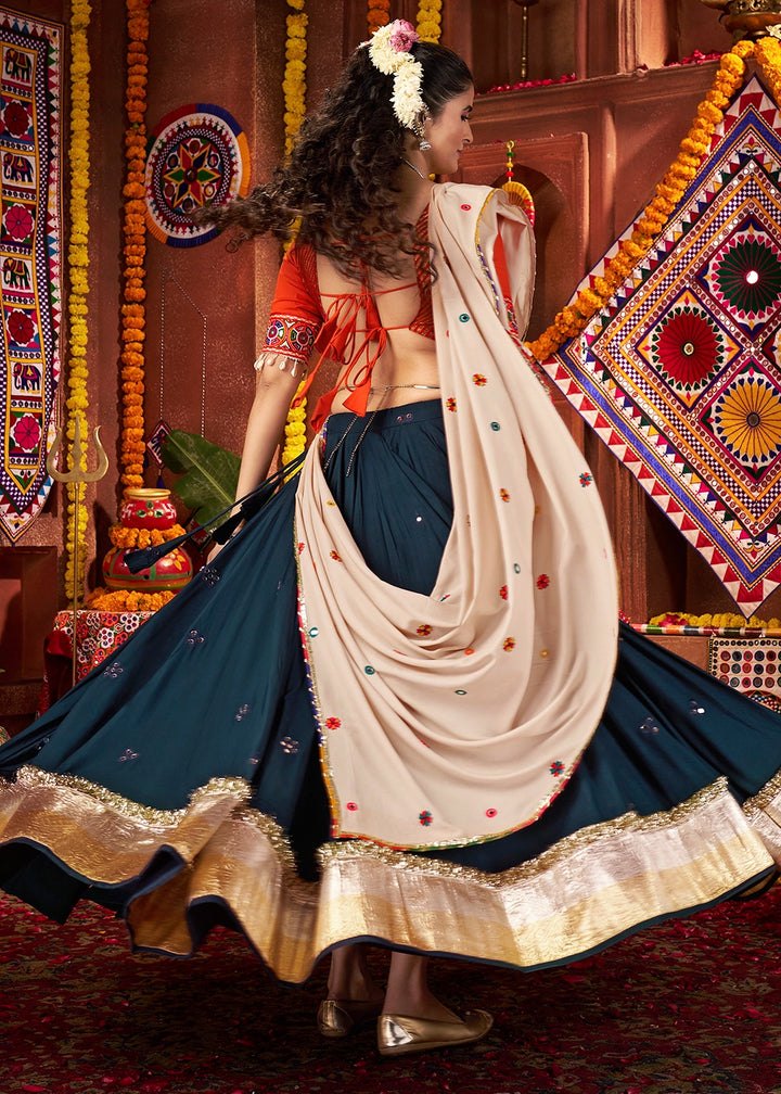 Prussian Blue Lehenga Choli with Kutchi Mirror and Thread Detailing
