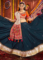 Prussian Blue Lehenga Choli with Kutchi Mirror and Thread Detailing