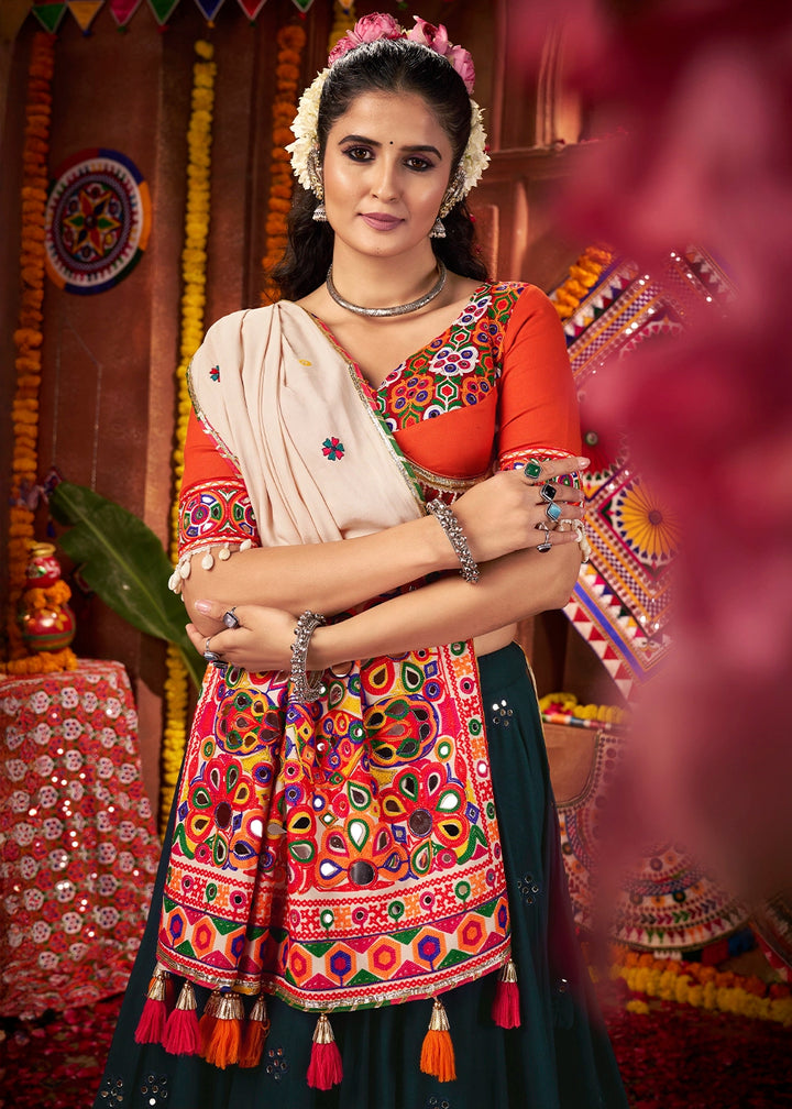 Prussian Blue Lehenga Choli with Kutchi Mirror and Thread Detailing