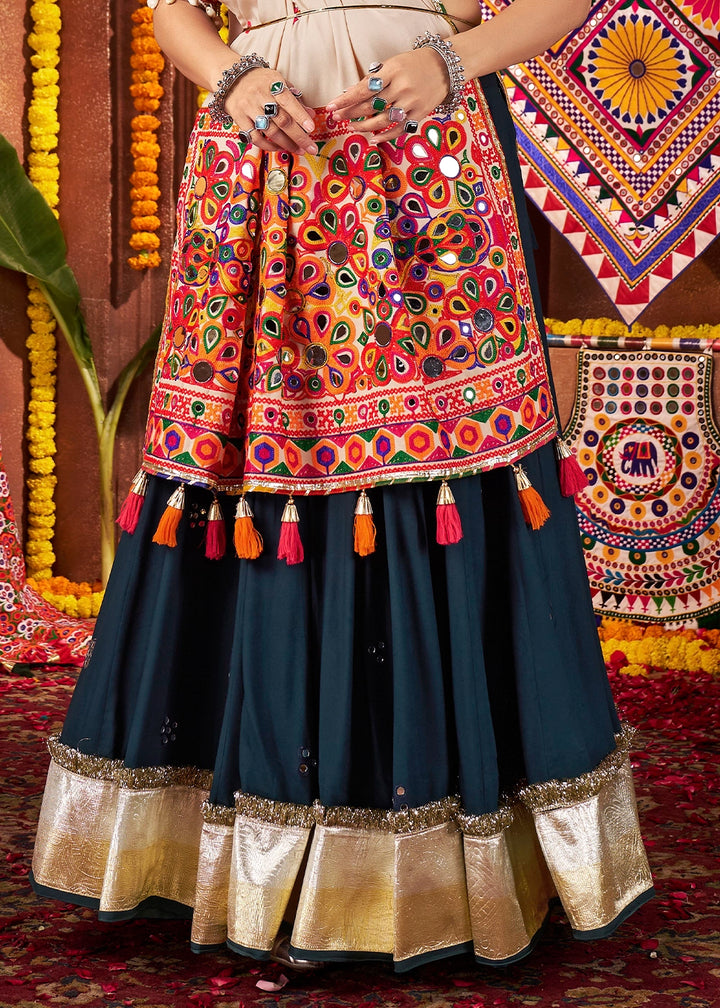 Prussian Blue Lehenga Choli with Kutchi Mirror and Thread Detailing