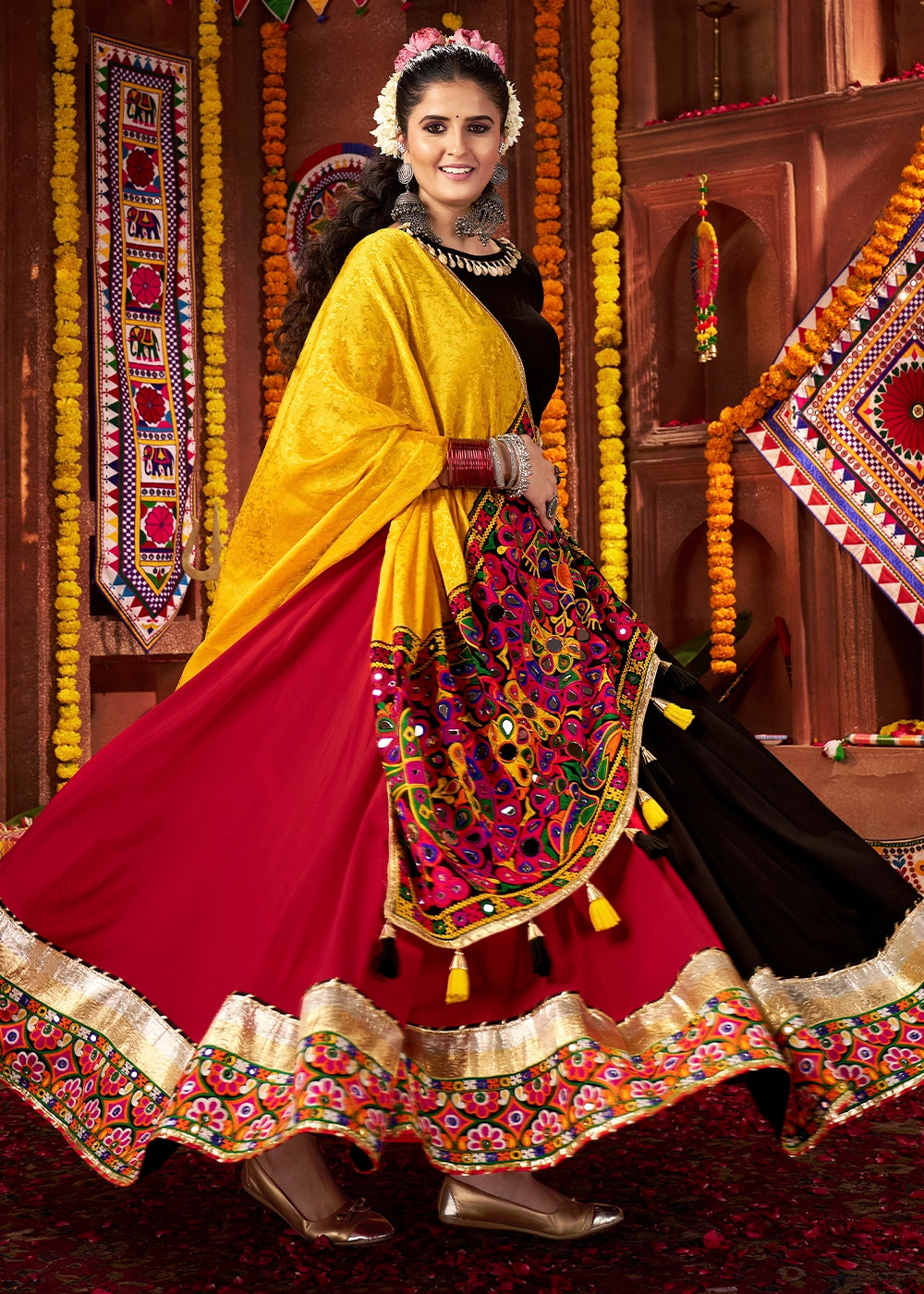 Red & Black Lehenga with Kutchi Mirror and Thread Detailing Choli