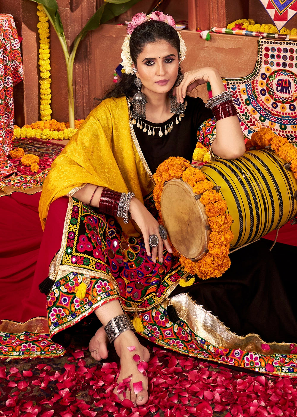 Red & Black Lehenga with Kutchi Mirror and Thread Detailing Choli