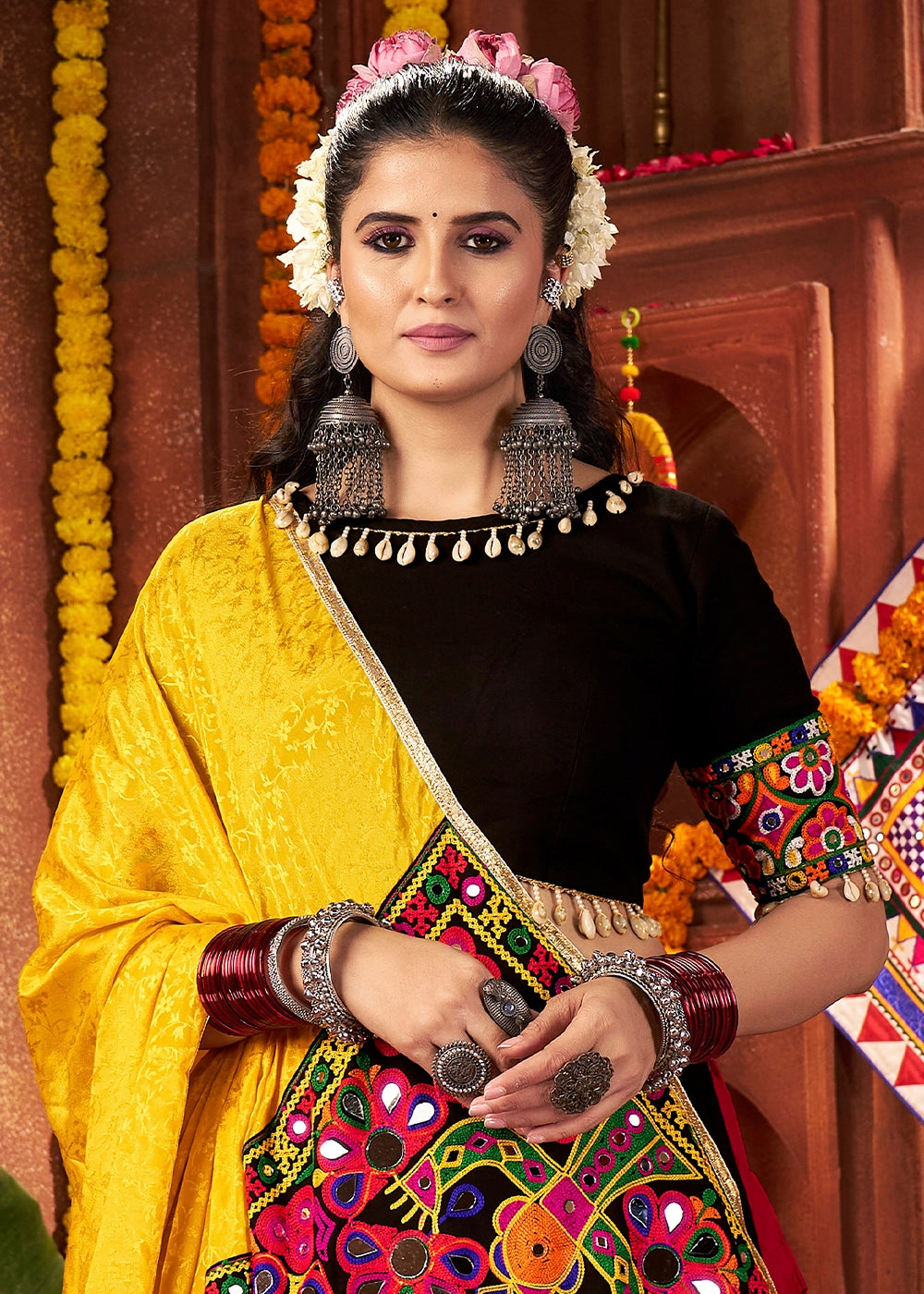 Red & Black Lehenga with Kutchi Mirror and Thread Detailing Choli