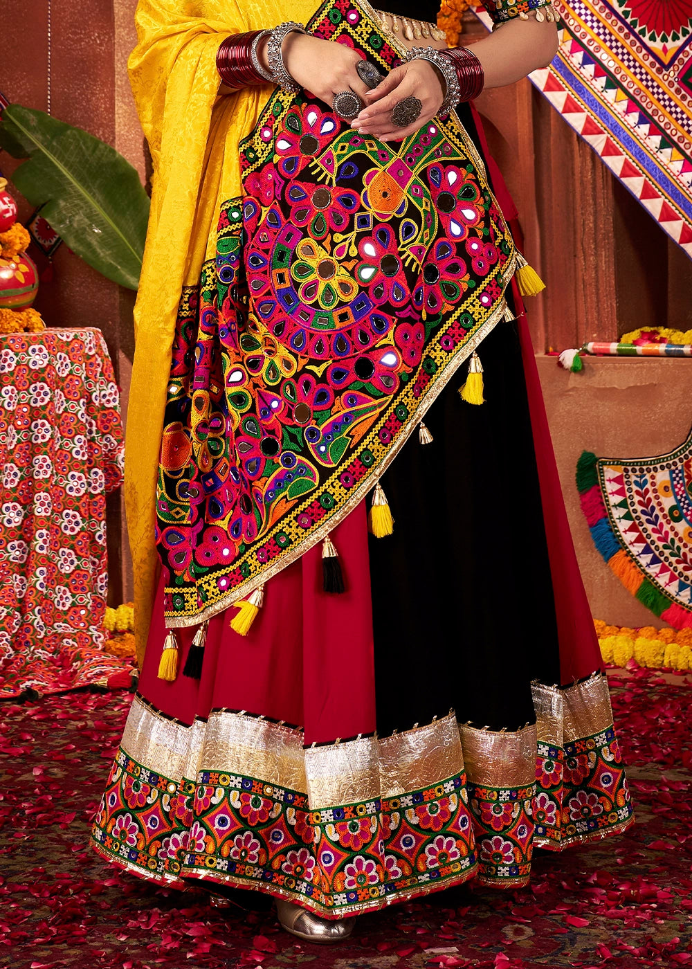 Red & Black Lehenga with Kutchi Mirror and Thread Detailing Choli