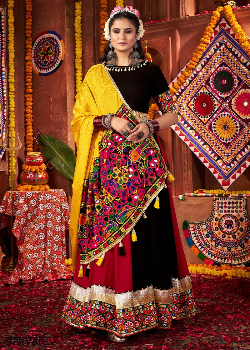 Red & Black Lehenga with Kutchi Mirror and Thread Detailing Choli