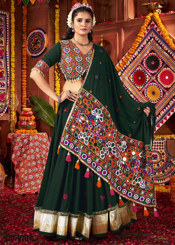 Sacramento Green Lehenga Choli with Kutchi Mirror and Thread Detailing