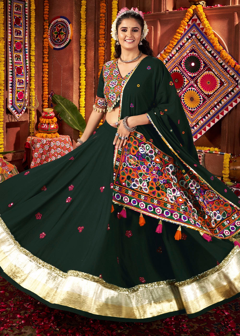 Sacramento Green Lehenga Choli with Kutchi Mirror and Thread Detailing