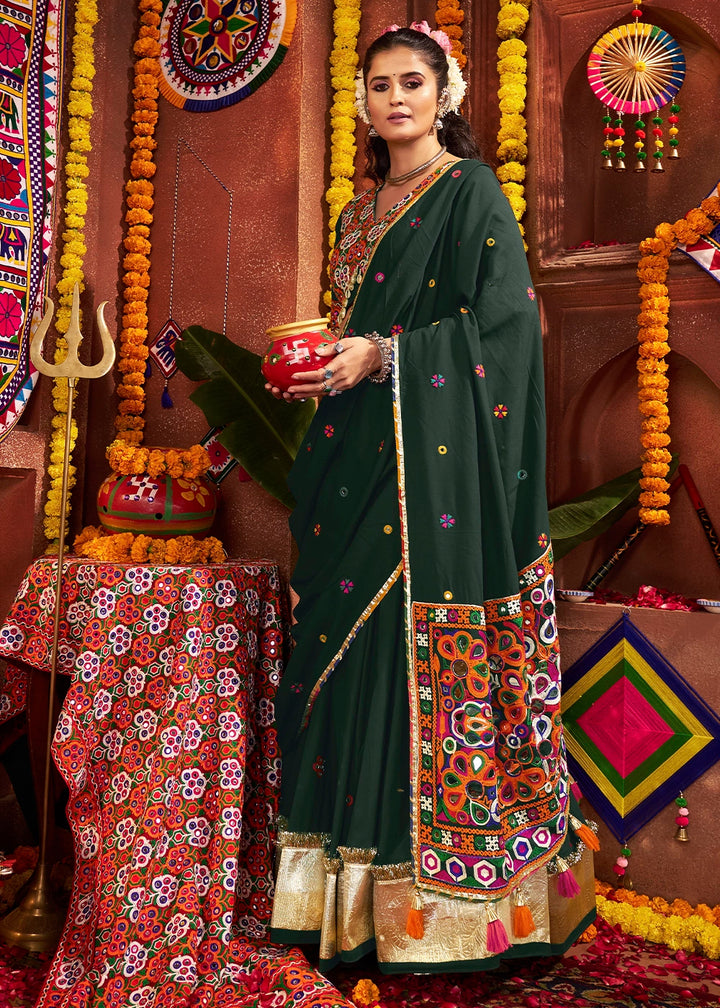 Sacramento Green Lehenga Choli with Kutchi Mirror and Thread Detailing
