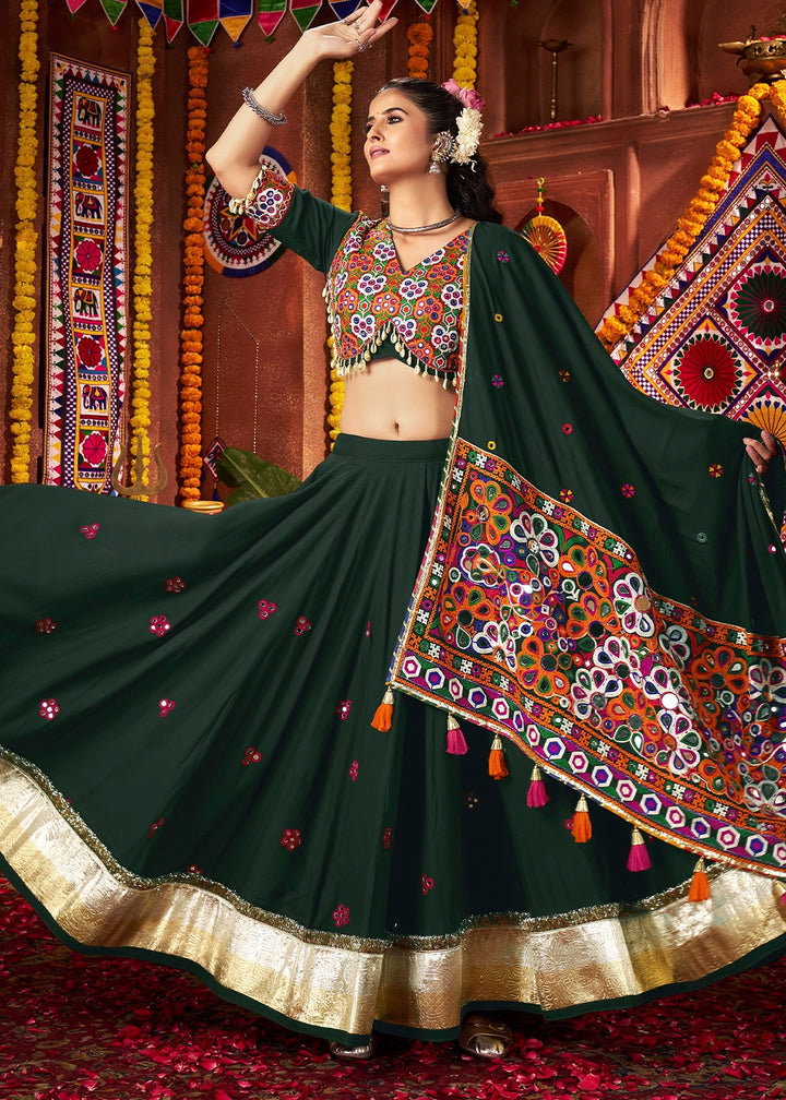 Sacramento Green Lehenga Choli with Kutchi Mirror and Thread Detailing