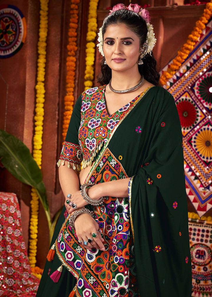 Sacramento Green Lehenga Choli with Kutchi Mirror and Thread Detailing