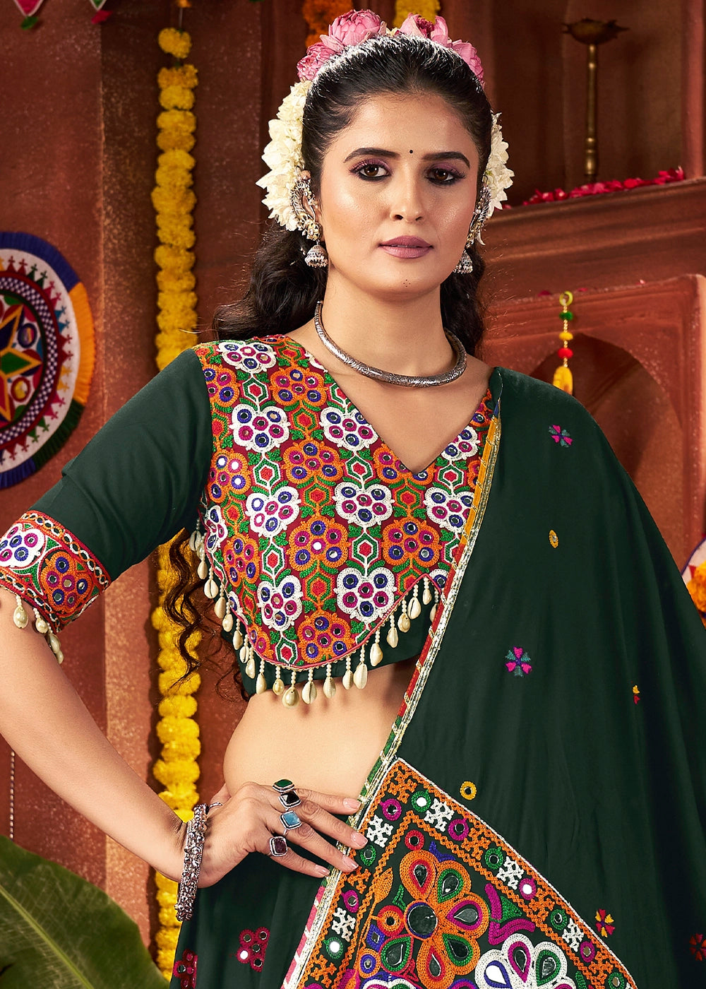 Sacramento Green Lehenga Choli with Kutchi Mirror and Thread Detailing