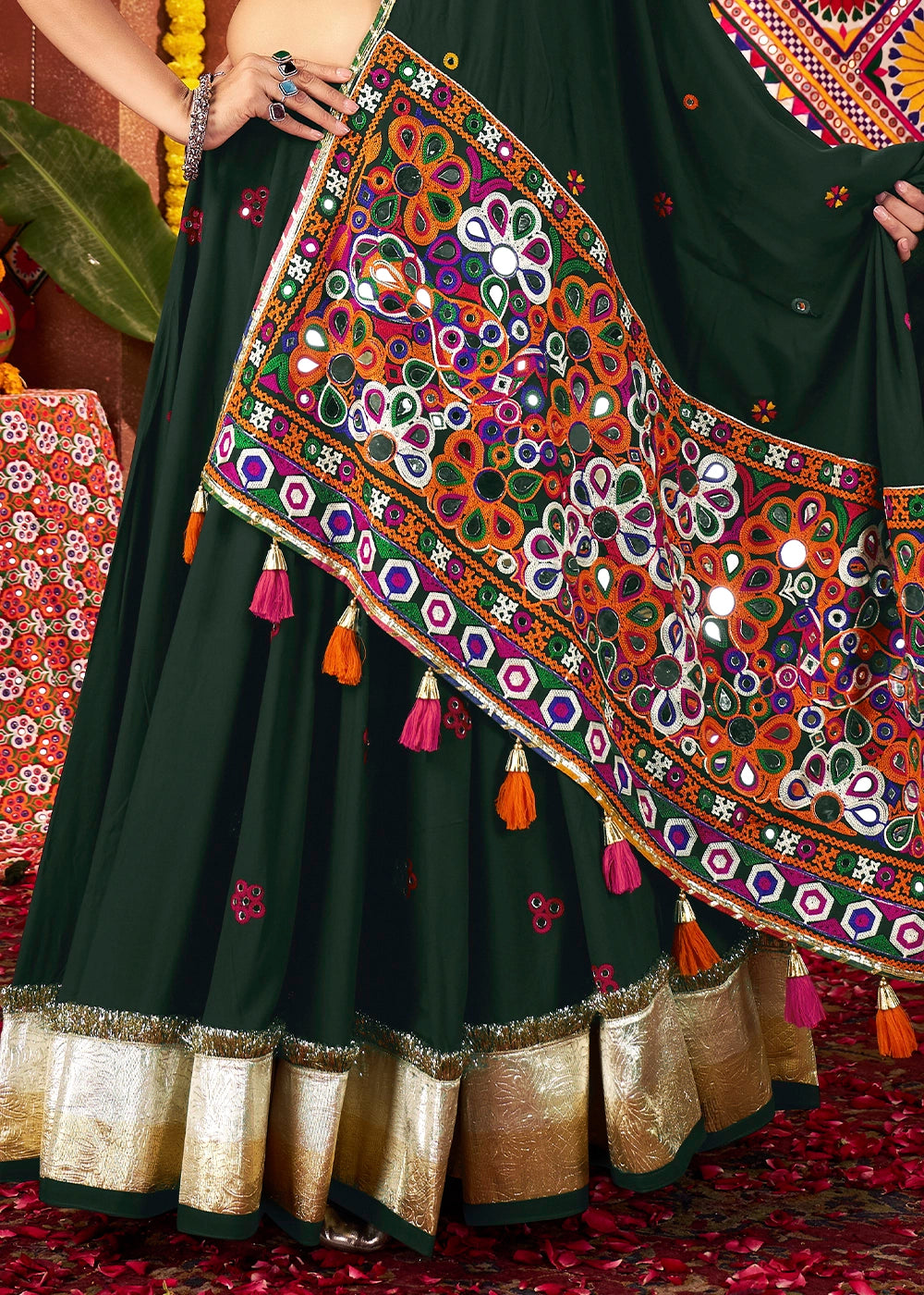Sacramento Green Lehenga Choli with Kutchi Mirror and Thread Detailing