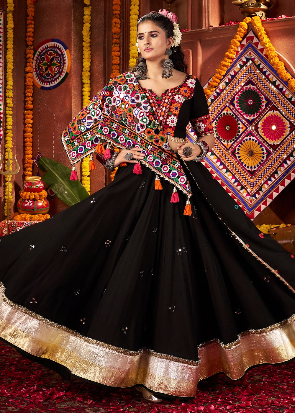 Onyx Black Lehenga Choli with Kutchi Mirror and Thread Detailing