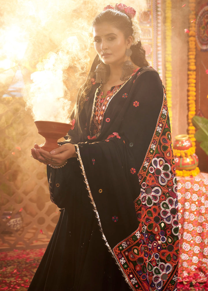 Onyx Black Lehenga Choli with Kutchi Mirror and Thread Detailing