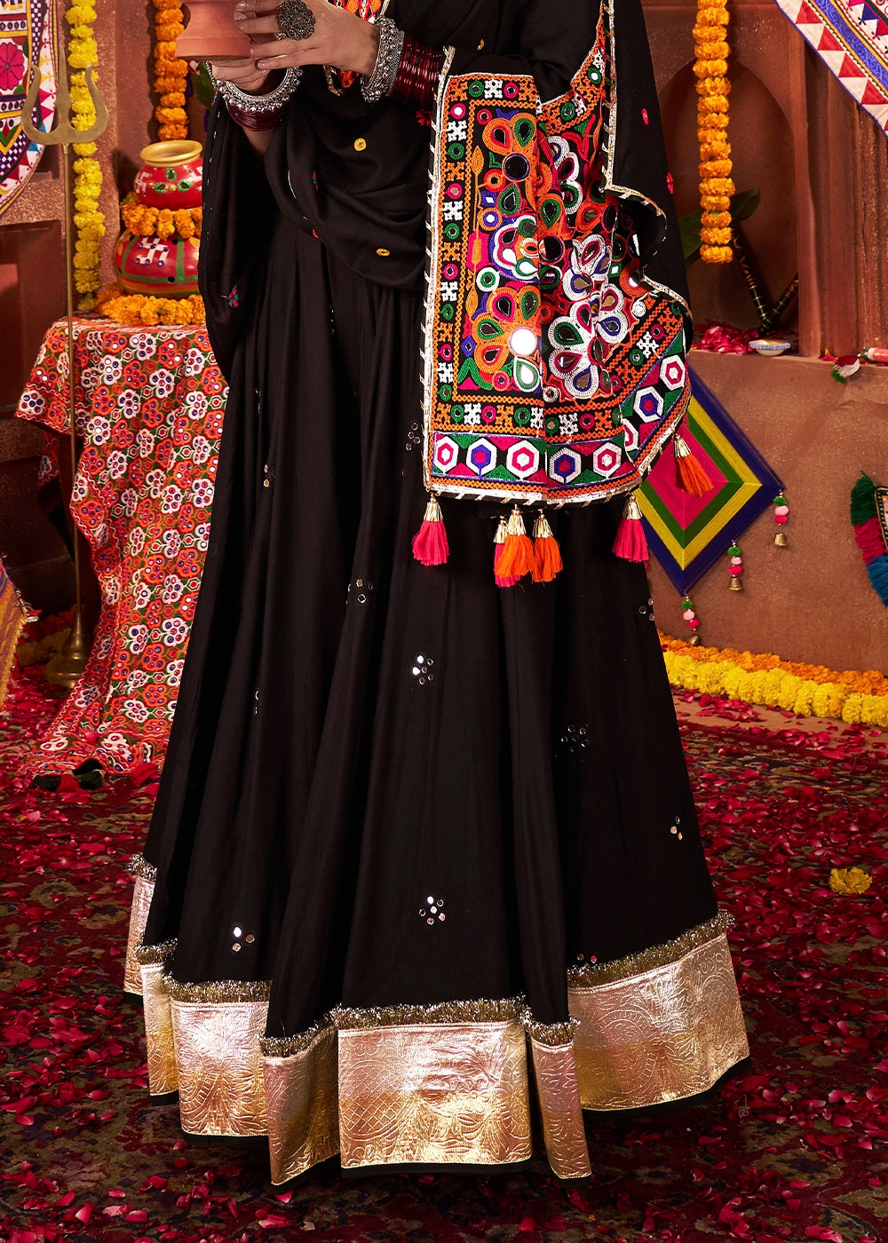 Onyx Black Lehenga Choli with Kutchi Mirror and Thread Detailing