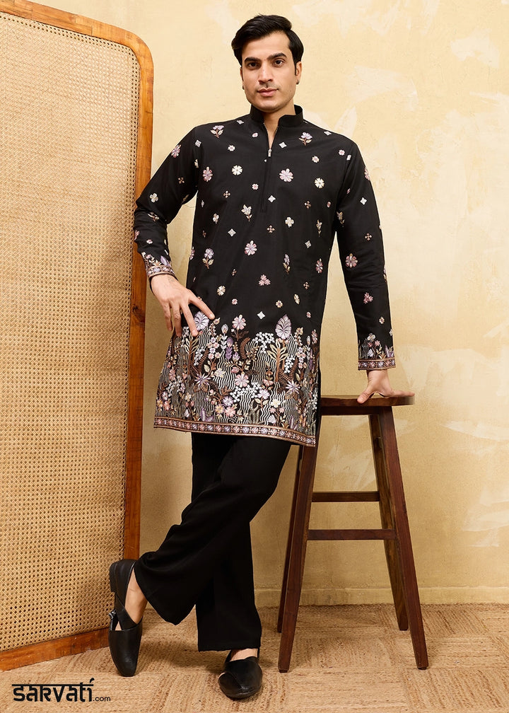 Pebble Black Viscose Silk Kurta with Multi-Thread Embroidery