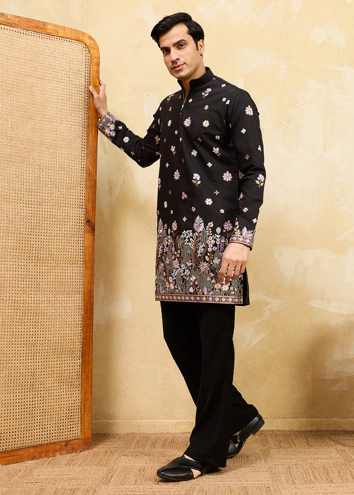 Pebble Black Viscose Silk Kurta with Multi-Thread Embroidery