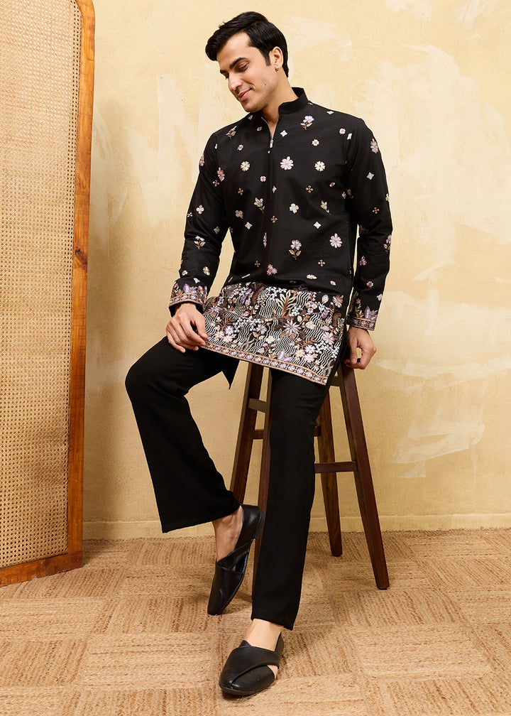 Pebble Black Viscose Silk Kurta with Multi-Thread Embroidery