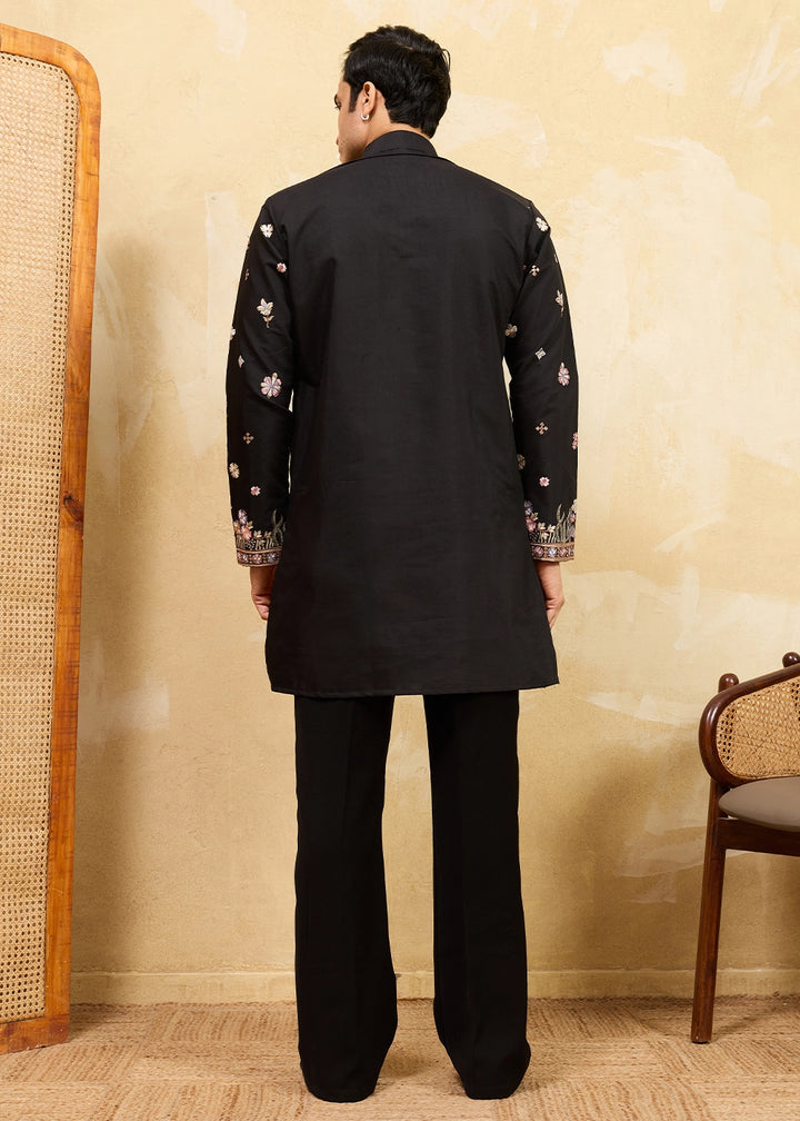 Pebble Black Viscose Silk Kurta with Multi-Thread Embroidery