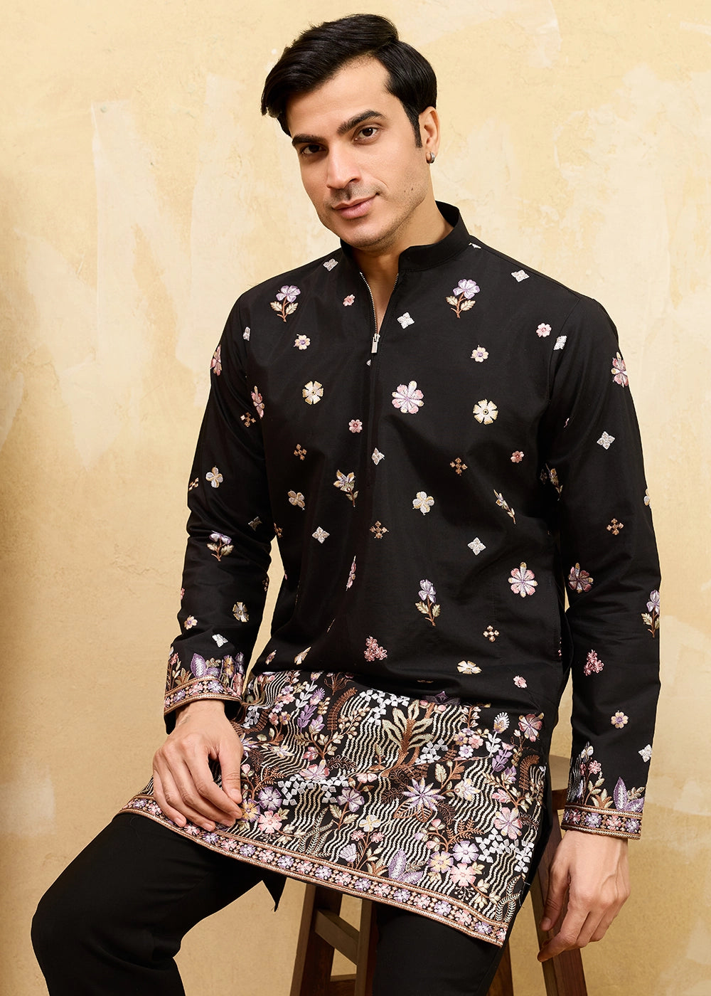 Pebble Black Viscose Silk Kurta with Multi-Thread Embroidery
