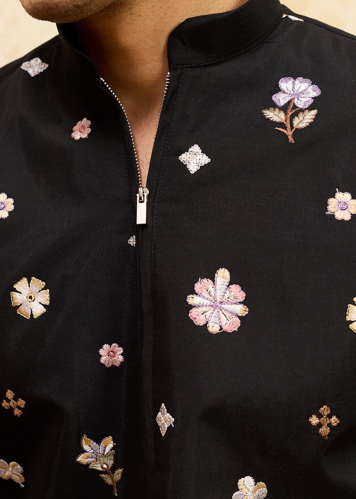 Pebble Black Viscose Silk Kurta with Multi-Thread Embroidery