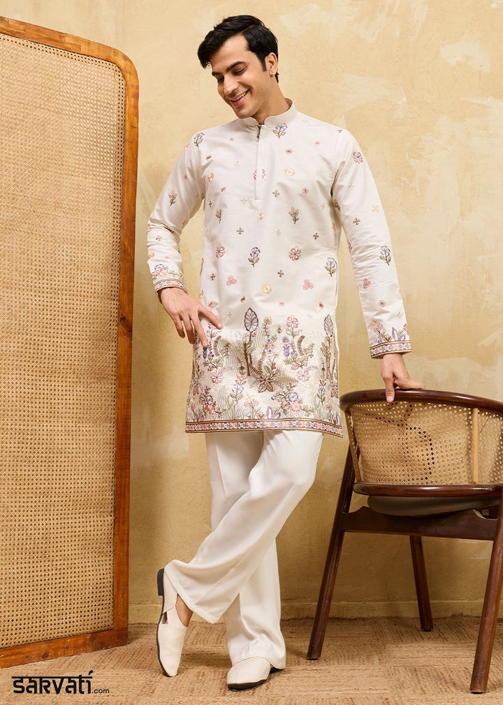 Cream White Viscose Silk Kurta with Multi-Thread Embroidery