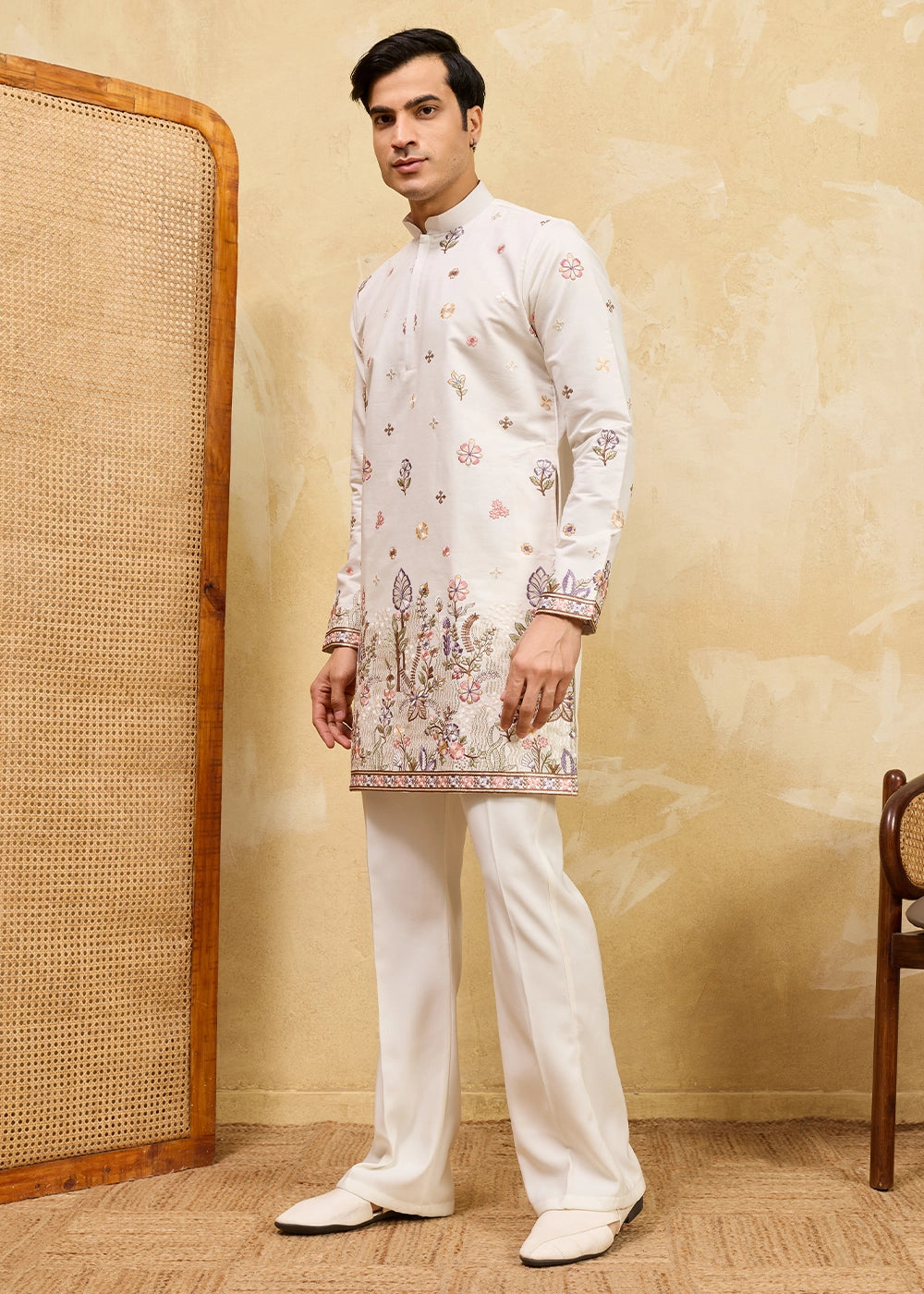 Cream White Viscose Silk Kurta with Multi-Thread Embroidery