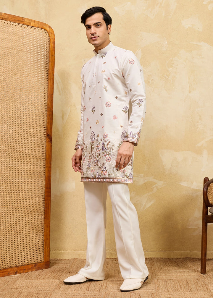 Cream White Viscose Silk Kurta with Multi-Thread Embroidery