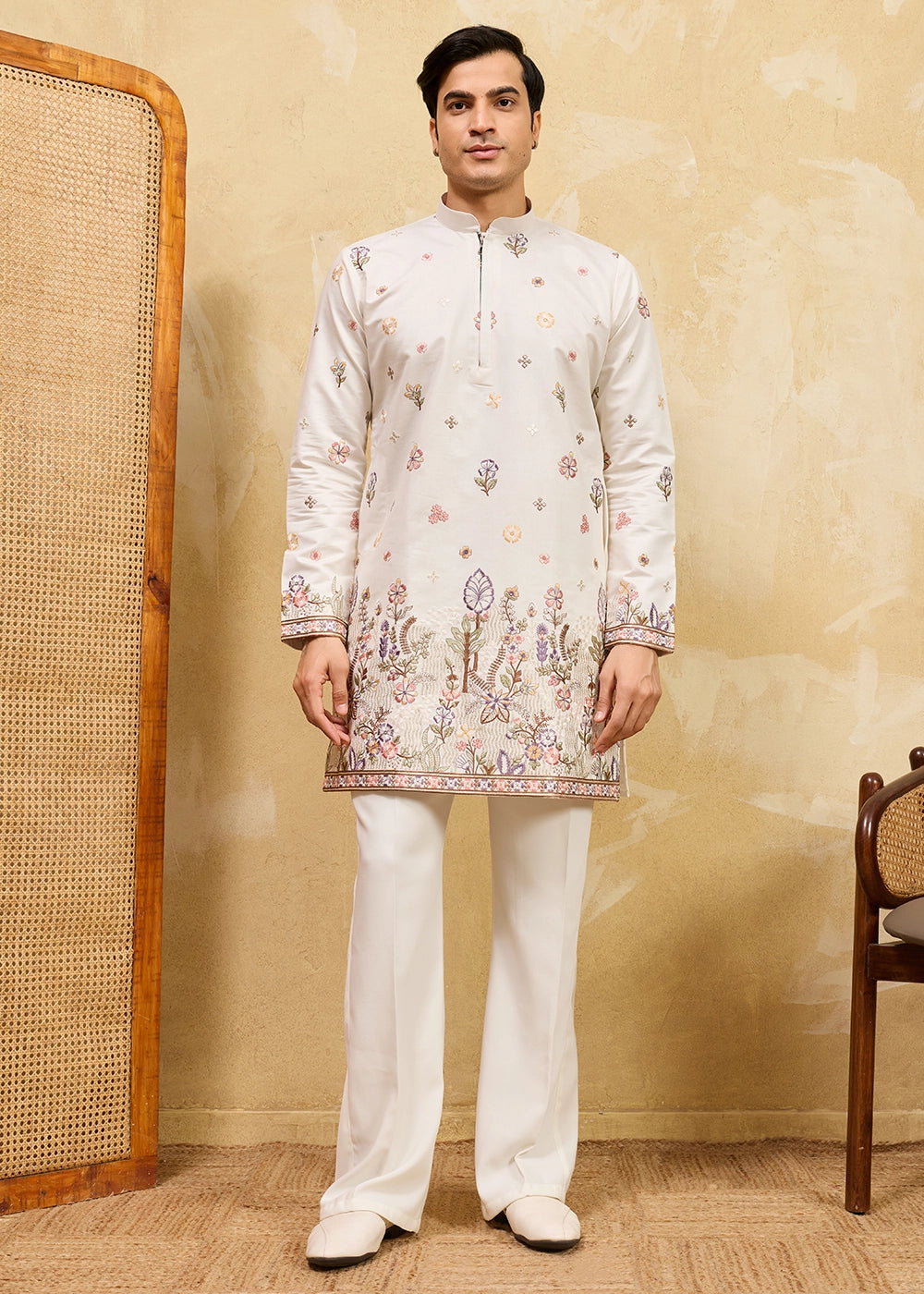Cream White Viscose Silk Kurta with Multi-Thread Embroidery