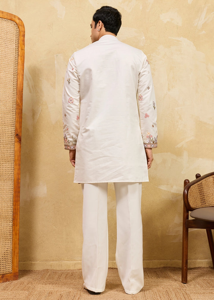 Cream White Viscose Silk Kurta with Multi-Thread Embroidery