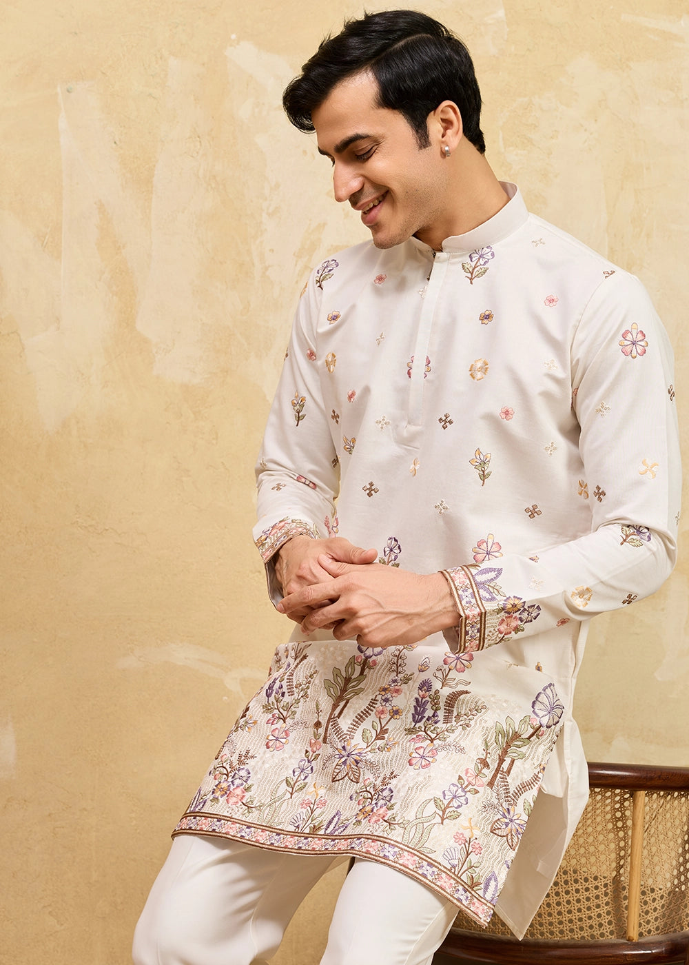 Cream White Viscose Silk Kurta with Multi-Thread Embroidery