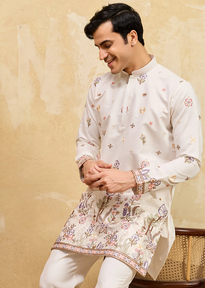Cream White Viscose Silk Kurta with Multi-Thread Embroidery
