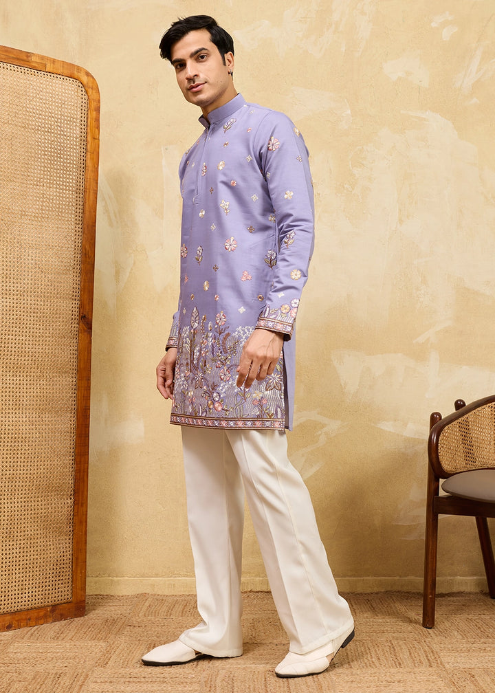 Soft Purple Viscose Silk Kurta with Multi-Thread Embroidery