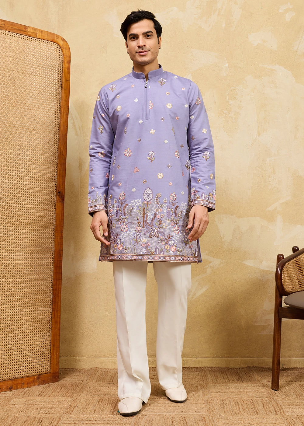 Soft Purple Viscose Silk Kurta with Multi-Thread Embroidery