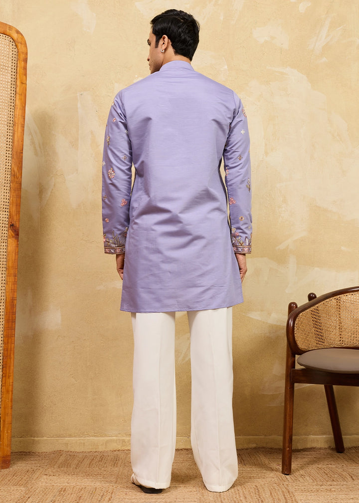 Soft Purple Viscose Silk Kurta with Multi-Thread Embroidery