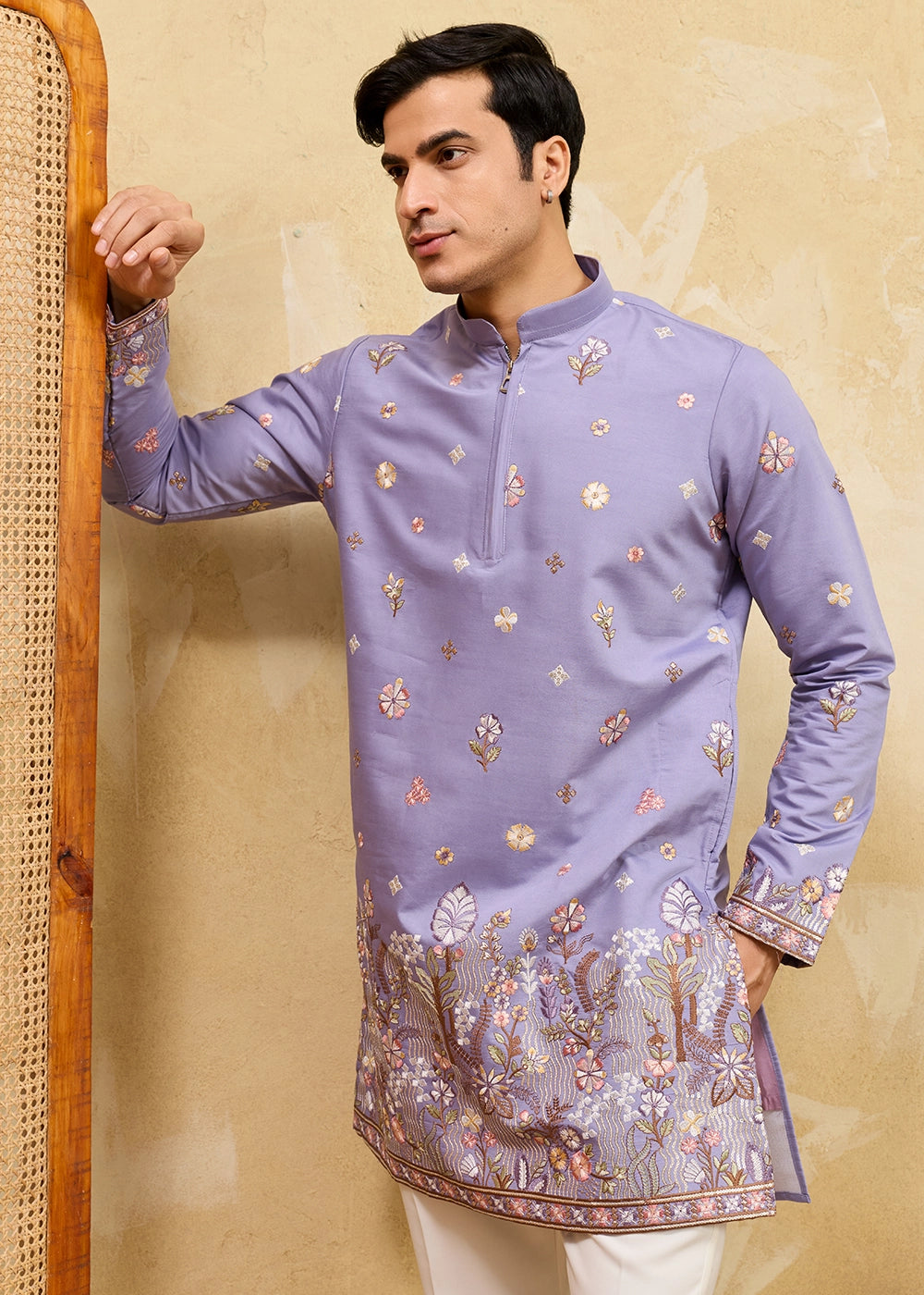 Soft Purple Viscose Silk Kurta with Multi-Thread Embroidery