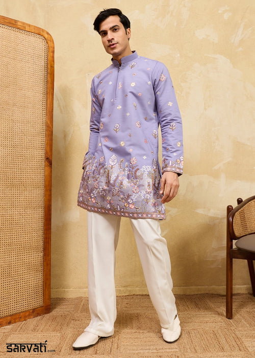 Soft Purple Viscose Silk Kurta with Multi-Thread Embroidery