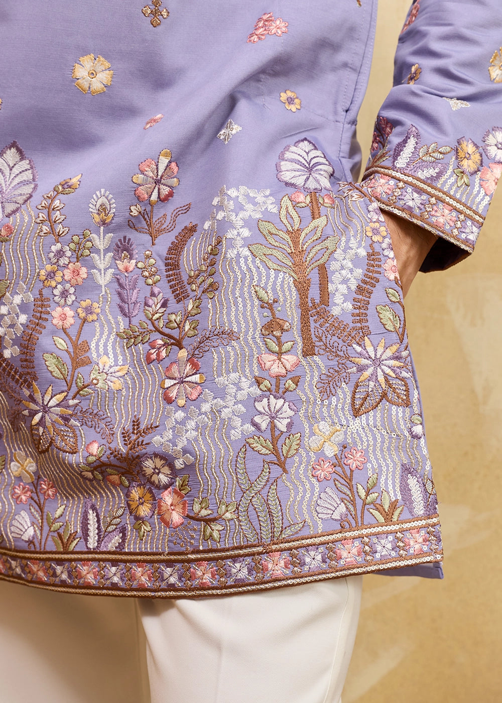 Soft Purple Viscose Silk Kurta with Multi-Thread Embroidery
