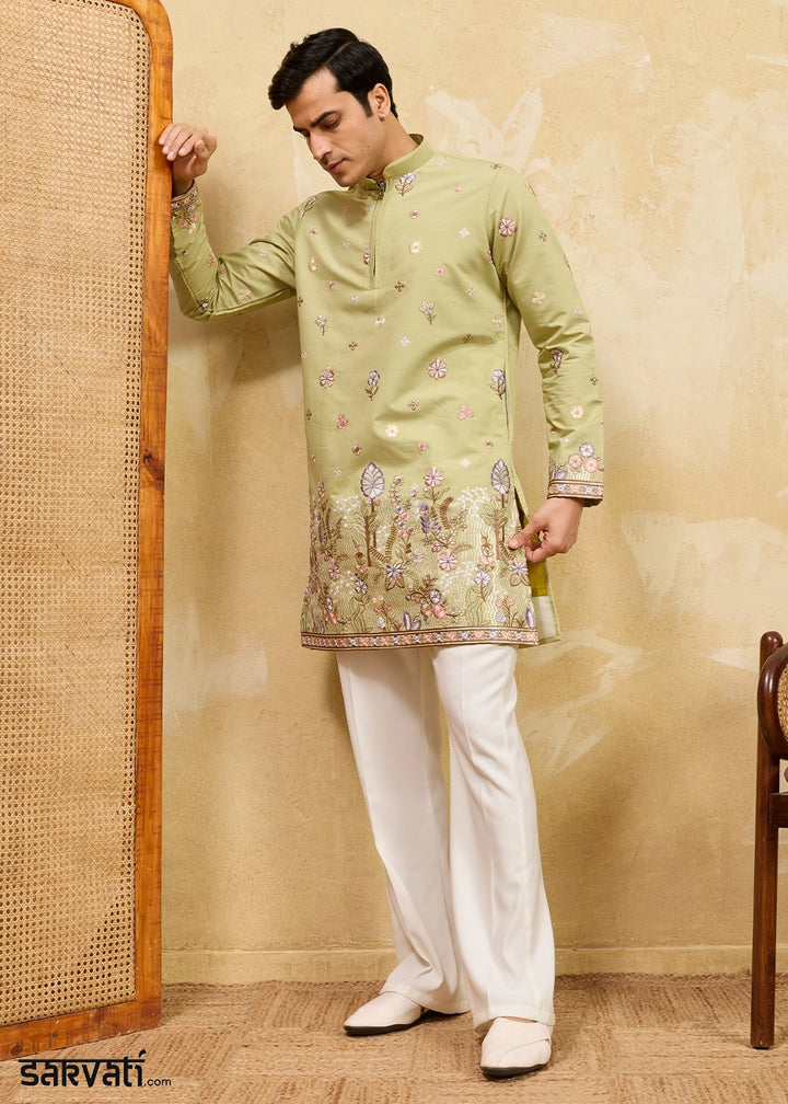 Pastel Green Viscose Silk Kurta with Multi-Thread Embroidery