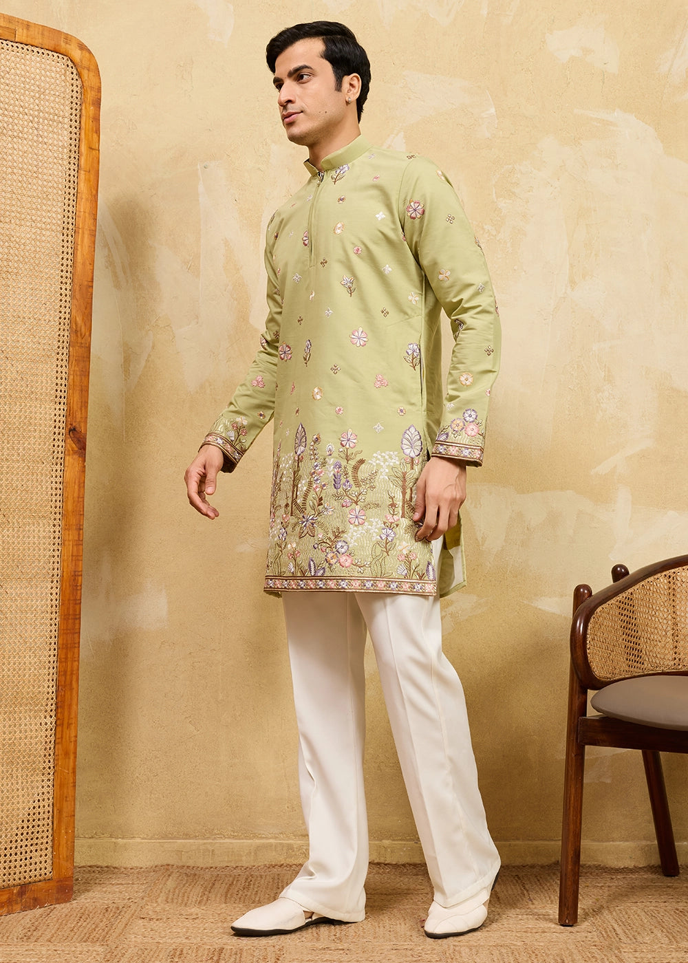 Pastel Green Viscose Silk Kurta with Multi-Thread Embroidery