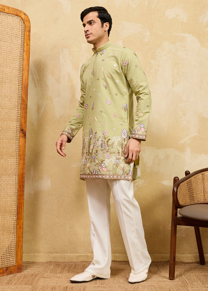 Pastel Green Viscose Silk Kurta with Multi-Thread Embroidery
