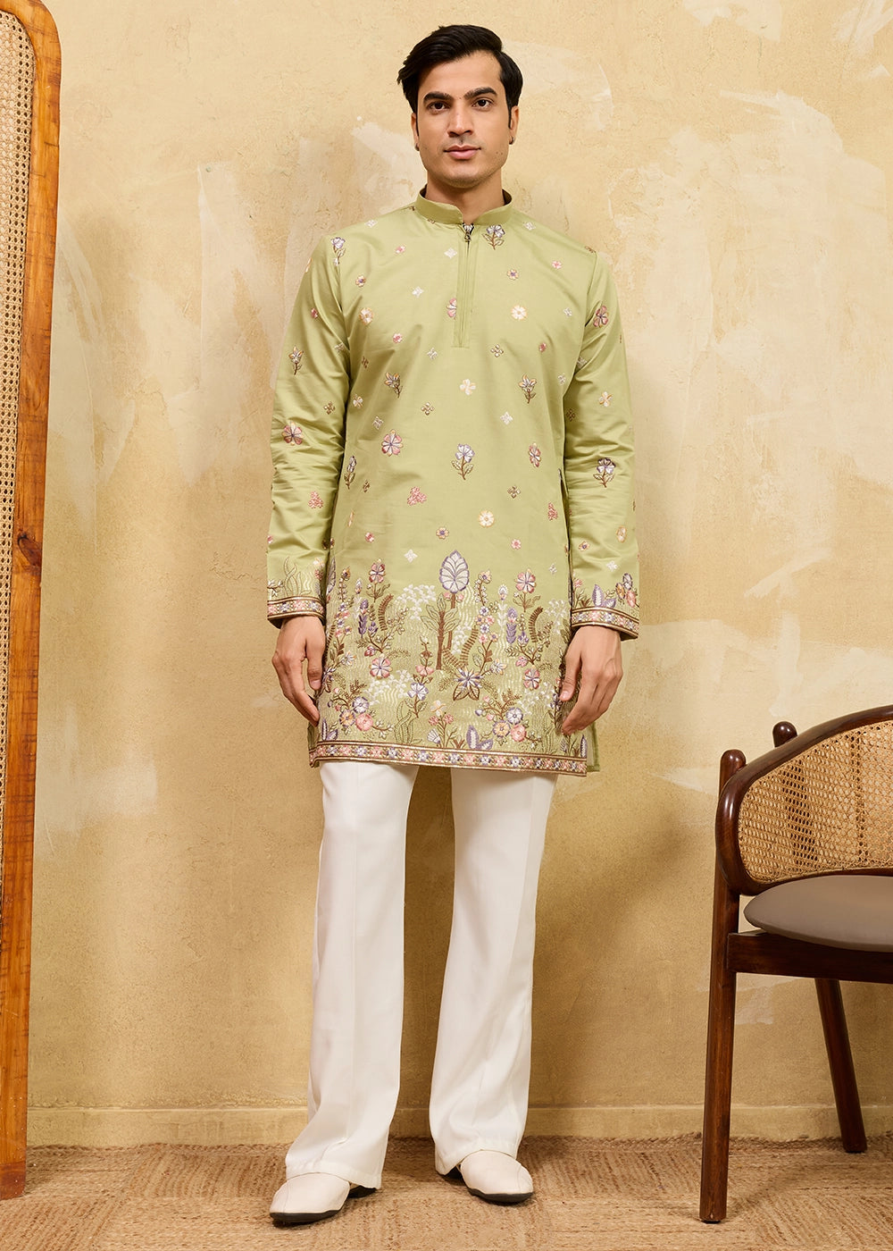 Pastel Green Viscose Silk Kurta with Multi-Thread Embroidery