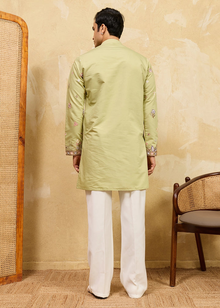 Pastel Green Viscose Silk Kurta with Multi-Thread Embroidery